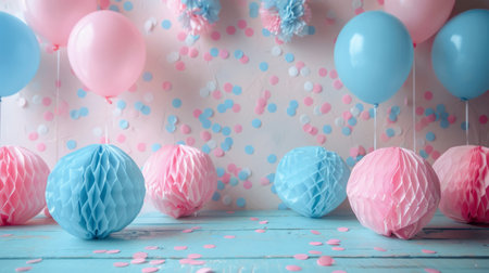 Sweet pastel pink blue baby shower decorations on birthday party blurred background. Card, poster, copy space. Gender reveal, it is a boy or girl concept. Generative ai.の素材
