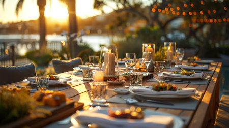 Long wooden dining table set with candles, fine dinnerware and delicious food. Beautiful romantic date concept, outside dining tablescape. Generative ai.の素材
