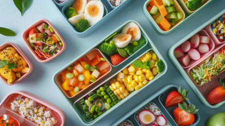 Lunch boxes with healthy organic and nutritious food for schoolchildren on colorful background. Back to school concept. Generative ai.の素材