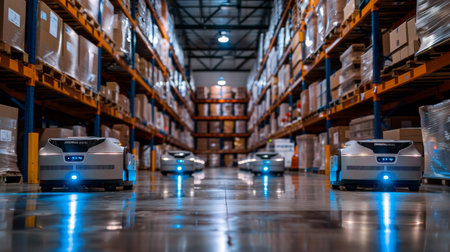 Software robots performing tasks in a warehouse with endless pallets of boxes and storage. An advanced robot factory with assembly lines and AI workers. Digital concept. Generative ai.の素材