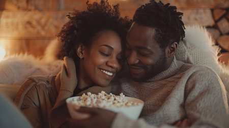 Lovely couple watching a tv romantic film at cozy home. Man and woman eating popcorn and Having a movie night. Generative ai.の素材