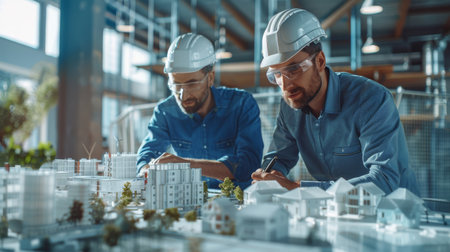 Engineers and models of turbines, solar panels in office room. Energy engineer discussion solar power. Concept of sustainability in renewable energy Clean energy design and generation. Generative ai.の素材