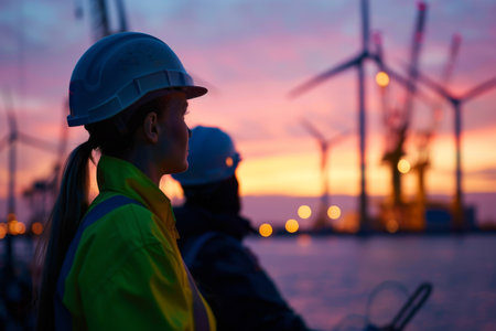 Wind farm or wind park, with high wind turbines for generation electricity at a distance slightly blurred at dusk being observed by men and women in hard hats. Green energy concept. Generative ai.の素材