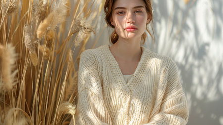 Portrait of a young woman wearing clothes made from reused recycled fabric. Ethical fashion concept using eco-friendly materials. Generative ai.の素材