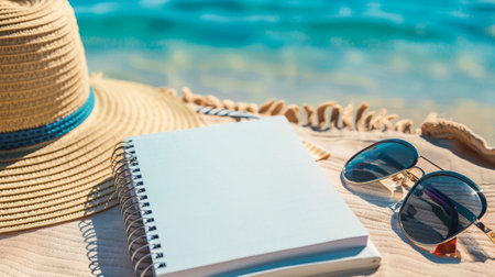 White hardcover spiral notebook mockup, on beach towel, vibrant blurred blue sea in the background. Empty space for product display. Writing Diary Summer Beach Vacation Concept. Generative ai.の素材
