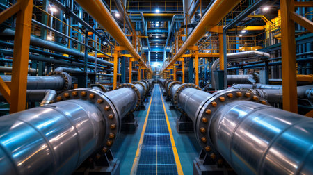 Industry pipeline transport petrochemical, gas and oil processing, furnace factory line, rack of heat chemical manufacturing, equipment steel pipes plant. Energy engineering. Generative ai.の素材