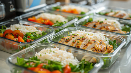 Cut fruit, vegetables and meat into glass containers, Many lunchboxes with different delicious food, Healthy meal prep for a week of workouts. Generative ai.の素材