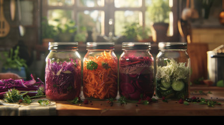 Home preservation, canning for the winter. Glass jars on a rustic table, canned pickled vegetables beets, carrots, cabbage, cucumbers, in bright kitchen. Generative ai.の素材