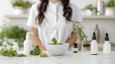 Young woman beautician stand with white stone mortar and green palants and herbs. Natural cosmetics for women concept. Generative ai.の素材