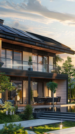 Solar-Powered House at sunset. A contemporary home with solar panels on the roof, representing sustainable living. Renewable energy, representing sustainable living concept. Generative ai.の素材