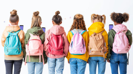 Group of teenage girls and boys holding mobile phones watching video, chatting, communication online. Technology addiction, social media concept. Gen Alpha kids. Generative ai.の素材
