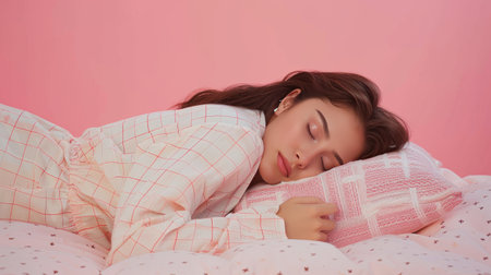 Young woman in silk pajamas with blanket and pillow sleeping on pink background. Healthy sleep, relaxation and comfort concept. Generative ai.の素材
