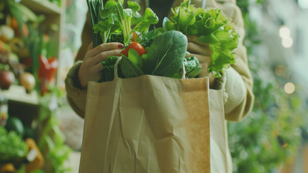Woman holding natural recyclable paper bag with fresh organic produce, concept of sustainable grocery shopping grocery delivery. Generative ai.の素材