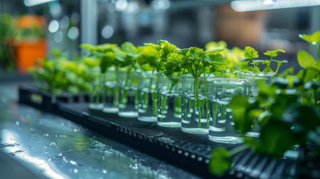 Many green plants in test tubes. Biotechnology, Science of Genetic Engineering. genetically modified plants, laboratory, plants obtained by new genomics techniques, mutagenesis. Generative ai.の素材