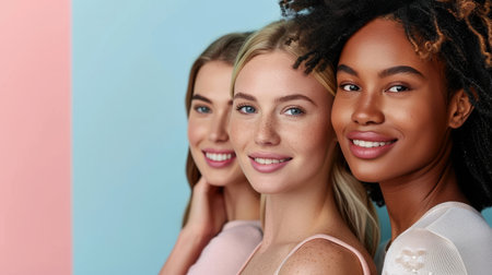 Portrait of a group of women of different ethnicities with different skin color. with natural beauty and glowing smooth skin. Generative ai.の素材