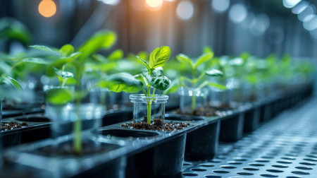 Many green plants in test tubes. Biotechnology, Science of Genetic Engineering. genetically modified plants, laboratory, plants obtained by new genomics techniques, mutagenesis. Generative ai.の素材