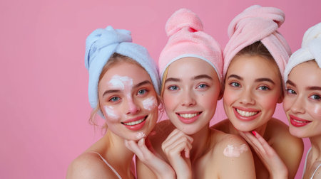 Young beautiful smiling women takes care of her face skin. Women puts cream on her face. Portrait of women with a towel on her head on pink blue background. Generative ai.の素材
