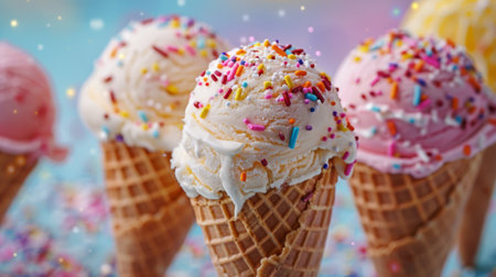 Ice cream in cones and colorful sprinkles on pastel pink blue blurred bokeh background. Summer and Sweet menu concept. Festive holiday card for summer birthday party. Generative ai.の素材