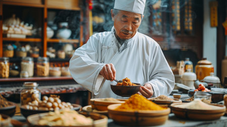 Chinese doctor of traditional Chinese medicine in his clinic, surrounded by natural medicines. Chinese traditional medicine concept, herbal and spicy visuals using traditional bowls. Generative ai.の素材