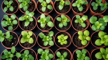 Microgreens growing background with microgreen sprouts in pots on the wooden table, garden and planting season. Top view. Raw food, healthy eating concept. Generative ai.の素材