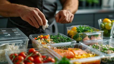 Man putting cut fruit and vegetable into glass containers, Many lunchboxes with different delicious food, Healthy meal prep for a week of workouts. Generative ai.の素材