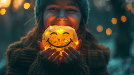 Woman holding in hands yellow happy smile face.Positive customer review, experience, satisfaction survey, smiley mental health, world mental health day, select positive emotion concept. Generative ai.の素材