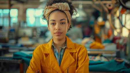 Woman working in a small factory, A sustainable fashion brand using circular economy principles and eco-friendly materials, promoting ethical production practices. Generative ai.の素材