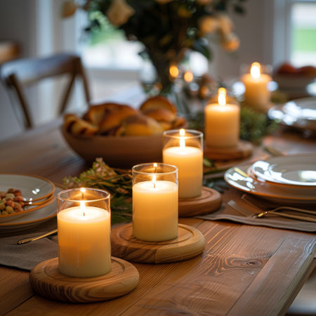 Long wooden dining table set with candles, fine dinnerware and delicious food. Beautiful romantic date concept, outside dining tablescape. Generative ai.の素材