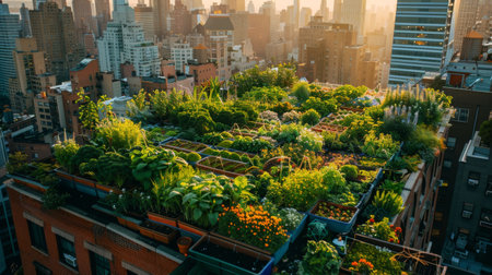 Small green space, rooftop garden. Rooftop farm thriving in city, showcasing sustainable urban agriculture. Potential to disrupt traditional food production systems. Generative ai.の素材