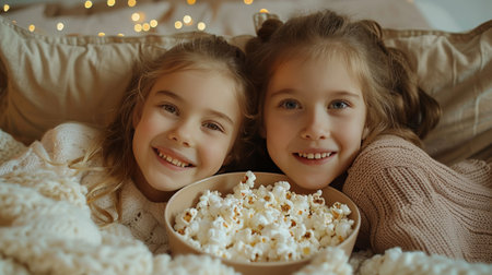 Two cheerful teenage friends watching a tv film at home. Two girls eating popcorn and Having a movie night. Generative ai.の素材