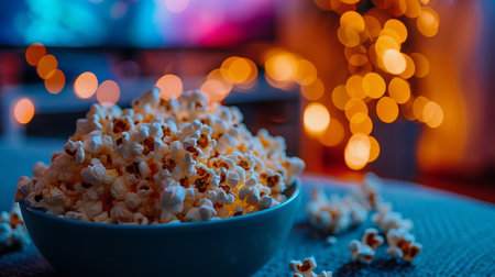 Cozy movie night at home with popcorn and drinks under the blanket, blurred background. generative aiの素材