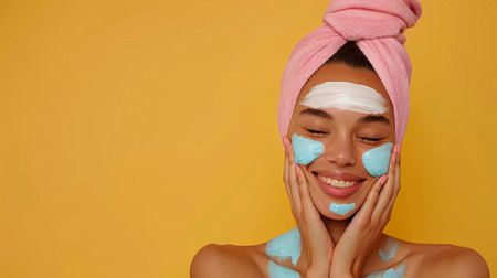 Young beautiful smiling woman takes care of her face skin. Woman puts cream on her face, bright yellow background. Generative ai.の素材