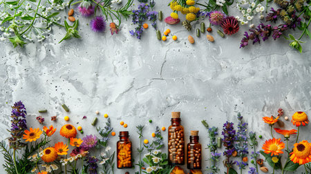 Alternative naturopathy, homeopathy, herbal medicine concept. Herbs, flowers and bottles on gray stone background. Natural health and wellness concept. Generative ai.の素材