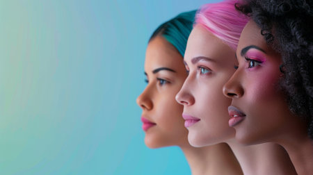 Portrait of group of women of different ethnicities with different skin color, natural beauty and glowing smooth skin. Generative ai.の素材