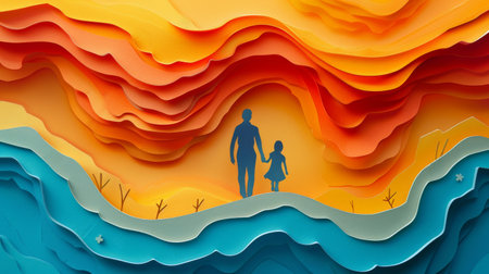 3d paper cut, Paper craft of father and child, Fathers day concept. Generative ai.の素材