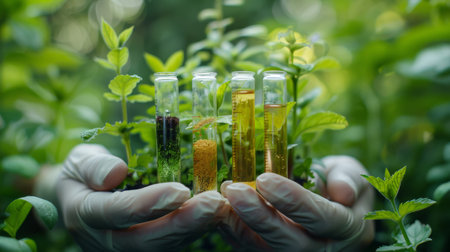 Biotechnology, Science of Genetic Engineering. Scientist experiments with genetically modified plants, laboratory, test tubes, plants obtained by new genomics techniques, mutagenesis. Generative ai.の素材