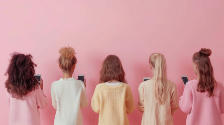 Group of girls holding mobile phones watching video, chatting, communication online on pink background. Technology addiction, social media concept. Gen Alpha kids. Generative ai.の素材
