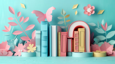 World Book Day holiday concept. 3d paper cut, Paper craft. Light blue, pink, yellow colors. Generative ai.の素材