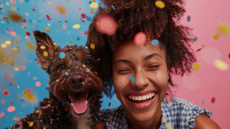Young woman and her dog in a moment of joyful birthday celebration. Concept of love between woman and pet. Happy Birthday greeting card. Generative ai.の素材