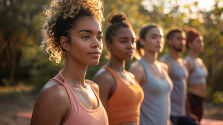 Pilates, exercise, stretching, yoga and happy friends in park for muscle health. Group women and men for fitness in nature. Generative ai.の素材