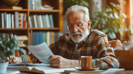 Responsible elderly man at home making oversees family finances, carefully calculating expenses and savings, manages household budget, tracks spending and savings. Generative ai.の素材