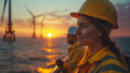 Wind farm or wind park, high wind turbines for generation electricity at a distance slightly blurred at dusk being observed by men and women in hard hats. Green energy concept. Generative ai.の素材