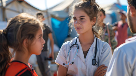 Young nurse volunteer in refugee camp, providing critical healthcare and support amidst a humanitarian tragedy. Generative ai.の素材