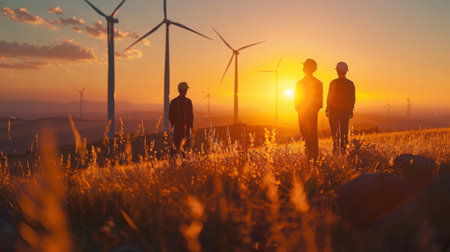 Wind farm or wind park, with high wind turbines for generation electricity at a distance slightly blurred at dusk being observed by men and women in hard hats. Green energy concept. Generative ai.の素材