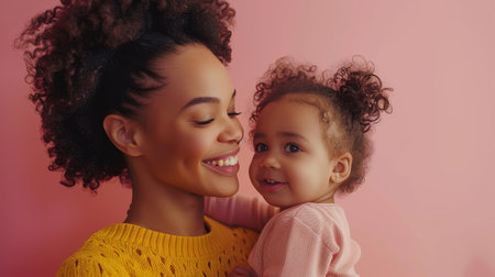 Afro-American Mother and little daughter on pink background, Mother's Day, love family, parenthood, childhood concept. Generative ai.の素材