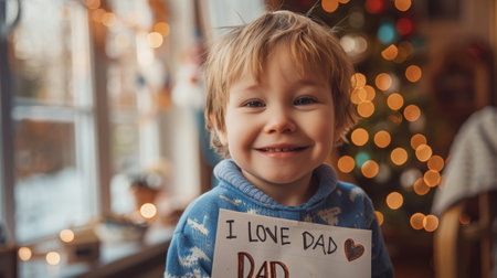 Little smiling boy with cute festive holiday letter I love dad. Fathers day card concept. Generative ai.の素材