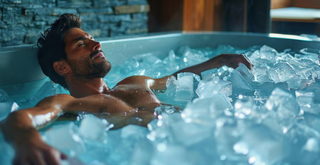 Cold therapy concept. Man bathing in cold water among ice cubes. Boost the immune system and improve mental health. Generative ai.の素材