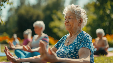 Happy senior people doing yoga pilates exercises outdoor, city park in background. Healthy lifestyle and joyful elderly concept. Generative ai.の素材