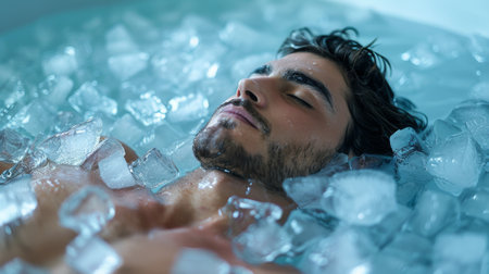Young man relaxing ice bathing in the cold water among ice cubes, cold therapy, breathing techniques, yoga and meditation concept. Generative ai.の素材
