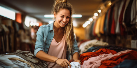 Young woman standing in front of a rack of clothes in Secondhand clothing store. Vintage clothes in a store on sale. Recycling and life extension for clothes concept. Generative ai.の素材